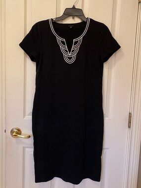 Talbots Black Midi Dress with White Neck Embroidery Size Small